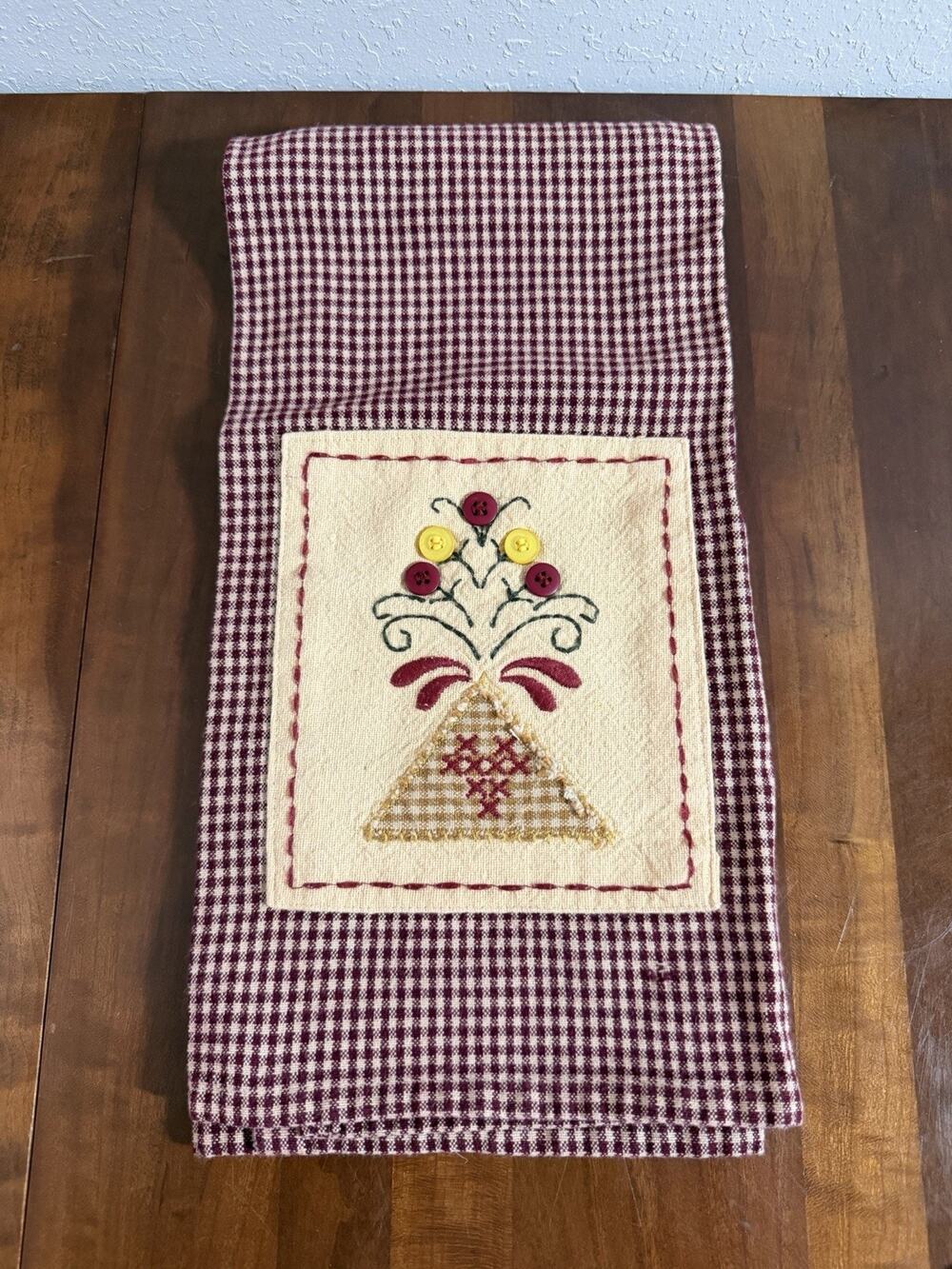 Floral Triangle Embroidered Tea Towel Decor Accent Biege Red Folksy Cottagecore